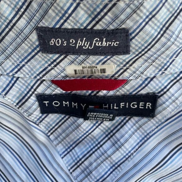 Tommy Hilfiger 80’s 2 ply fabric button front/collar blue striped shirt, sz L - Picture 7 of 8